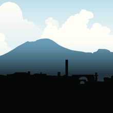 A drawing portraying the black silhouette of Pompeii buildings with Mount Vesuvius and the sky behind them