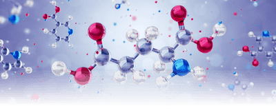 A 3D rendered model of a glutamic acid molecule with other organic molecules floating around it.