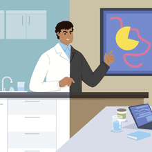 A scientist in the middle of the screen is in a lab coat in a laboratory on the left but is dressed in a suit giving a scientific presentation in a board room on the right.