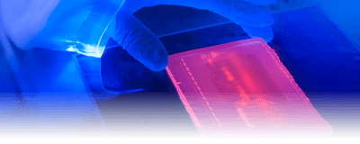 Close up of ultraviolet light box during the preparation of an agarose electrophoresis gel used in DNA separation.