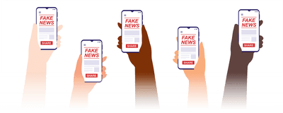 Illustration shows multiple hands holding phones displaying fake news on the screen.